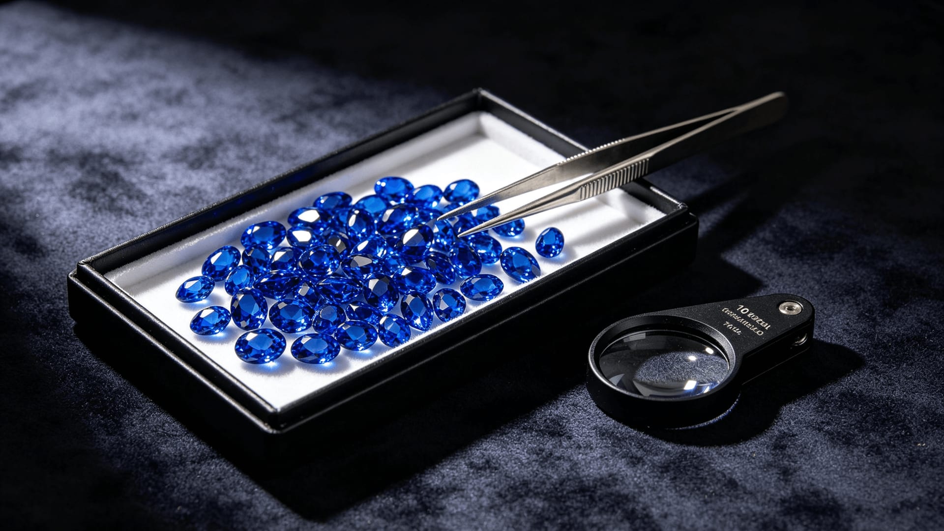 Blue sapphires on a gem sorting tray with tweezers and a 10x loupe